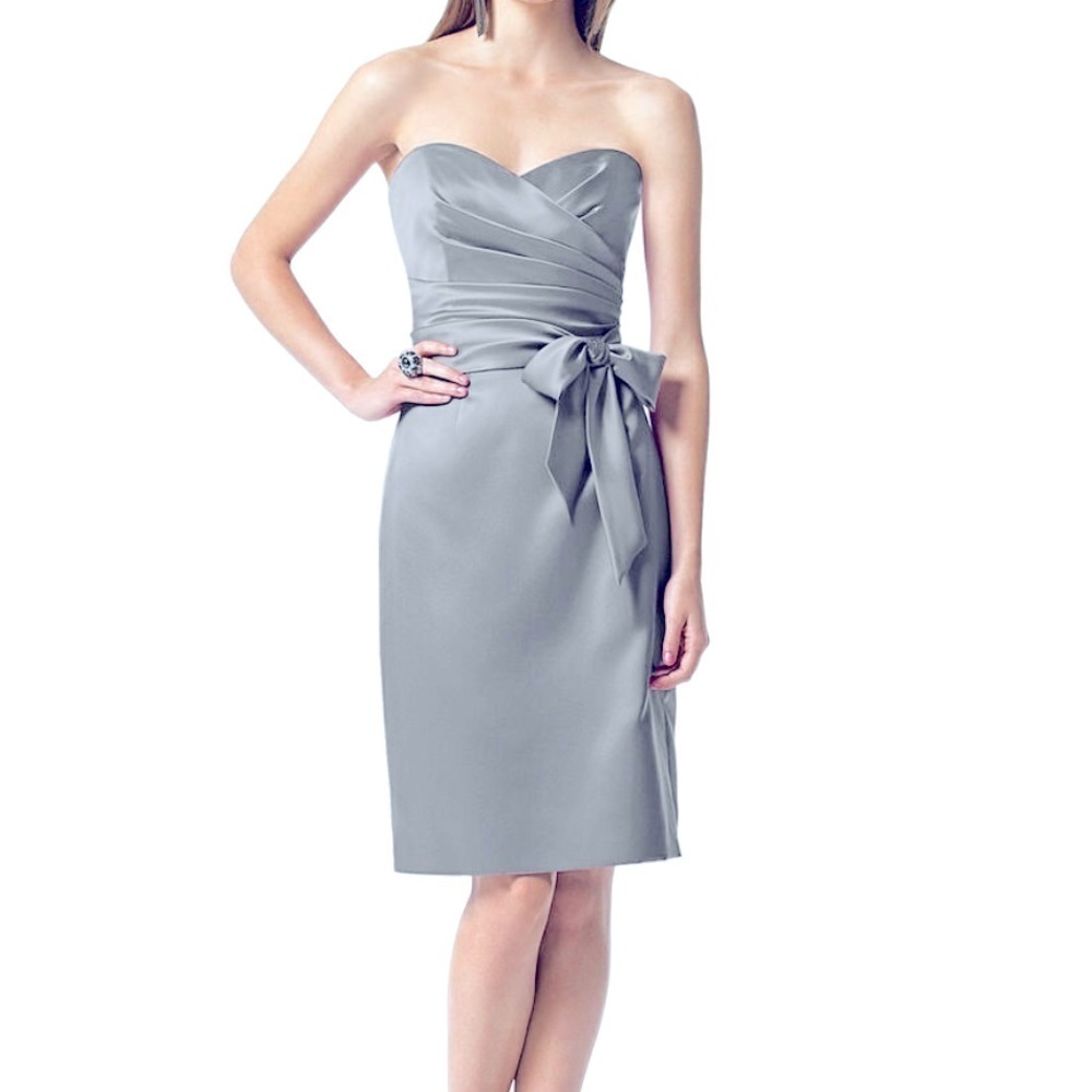 DESSY COLLECTION STRAPLESS SILVER SATIN COCKTAIL DRESS WITH POCKETS SIZE 8